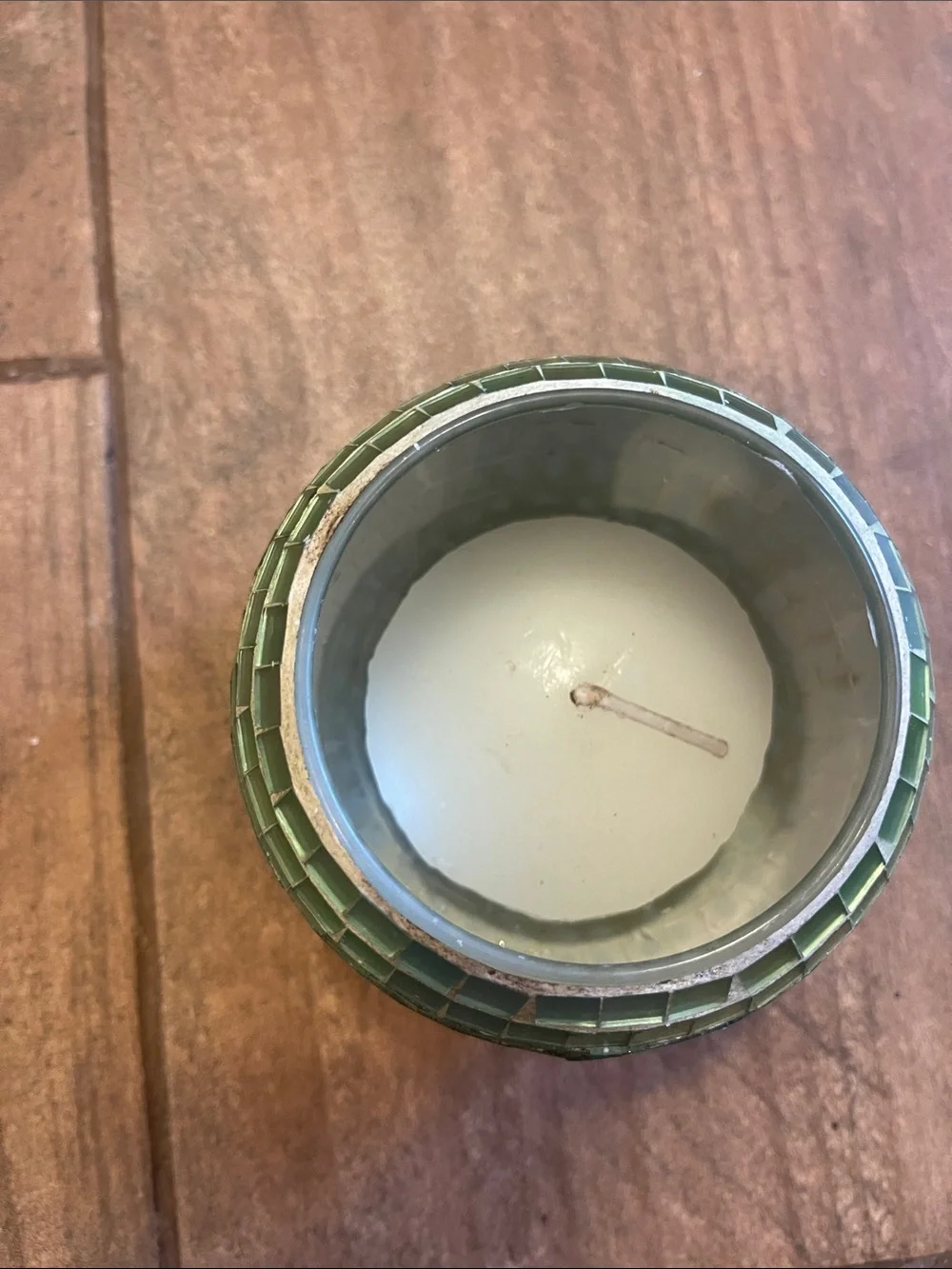 Green Mosaic Glass Candle Holder with White Candle